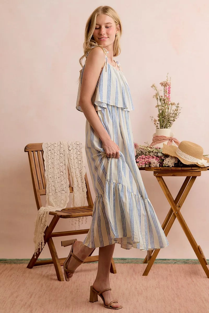 Stripe Tiered Shoulder Tie Midi Lined Dress | Boutique In USA, Dresses, $ 59.00, A Moment Of Now™