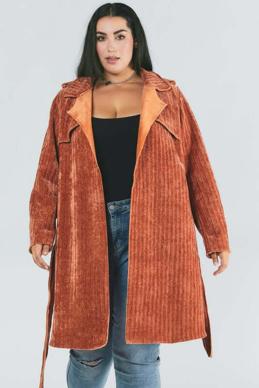 Plus Size Mid Length Waist Tie Coat