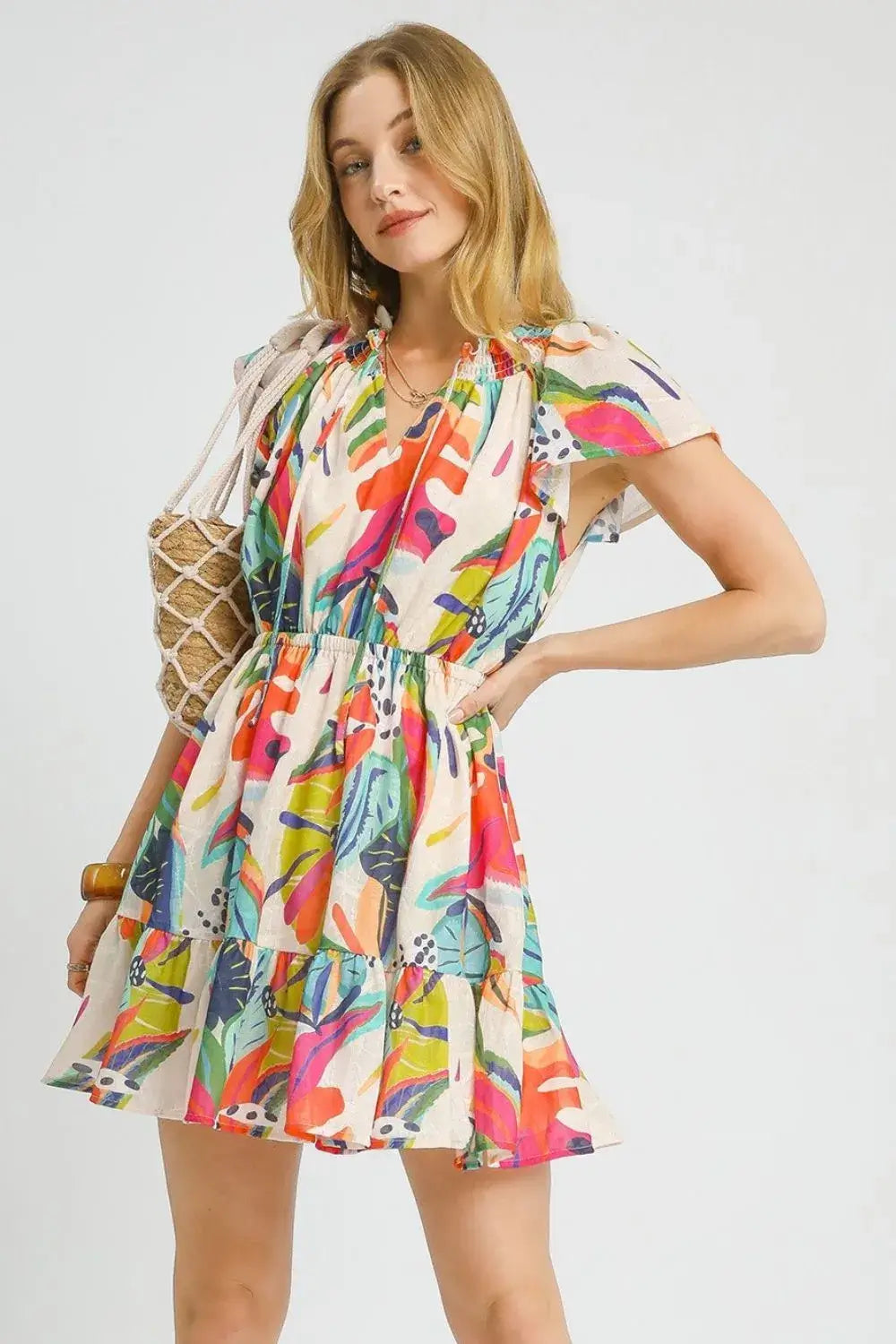 Colorful Printed Tie Neck Ruffled Mini Dress, Dresses, $ 55.00, A Moment Of Now™