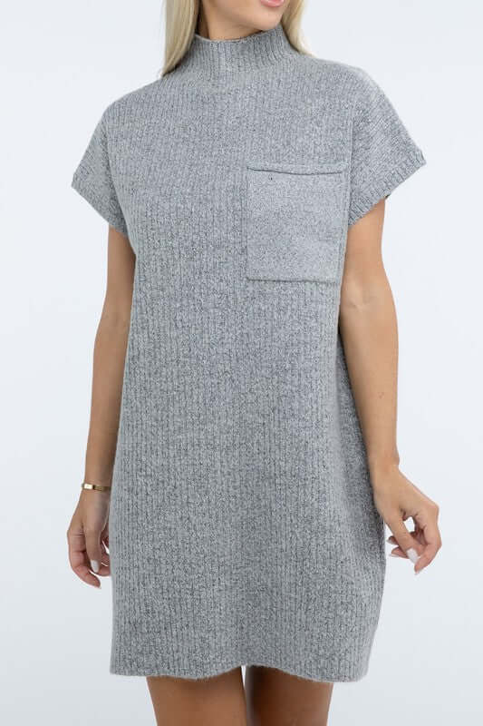 Women's Mock Neck Short Sleeve Mini Sweater Dress with Pocket, ZENANA, $ 55.00