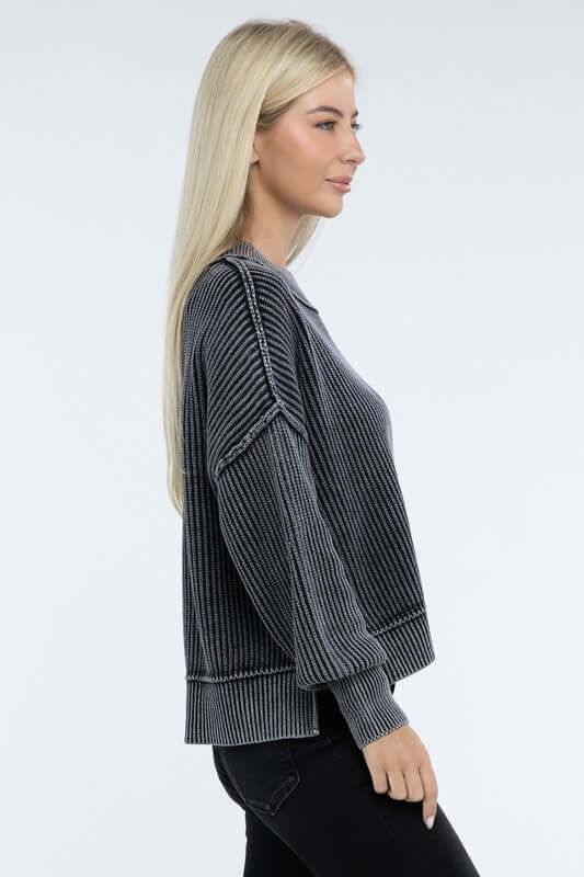 Washed Side Slit Oversized Cropped Sweater, ZENANA, $ 55.00