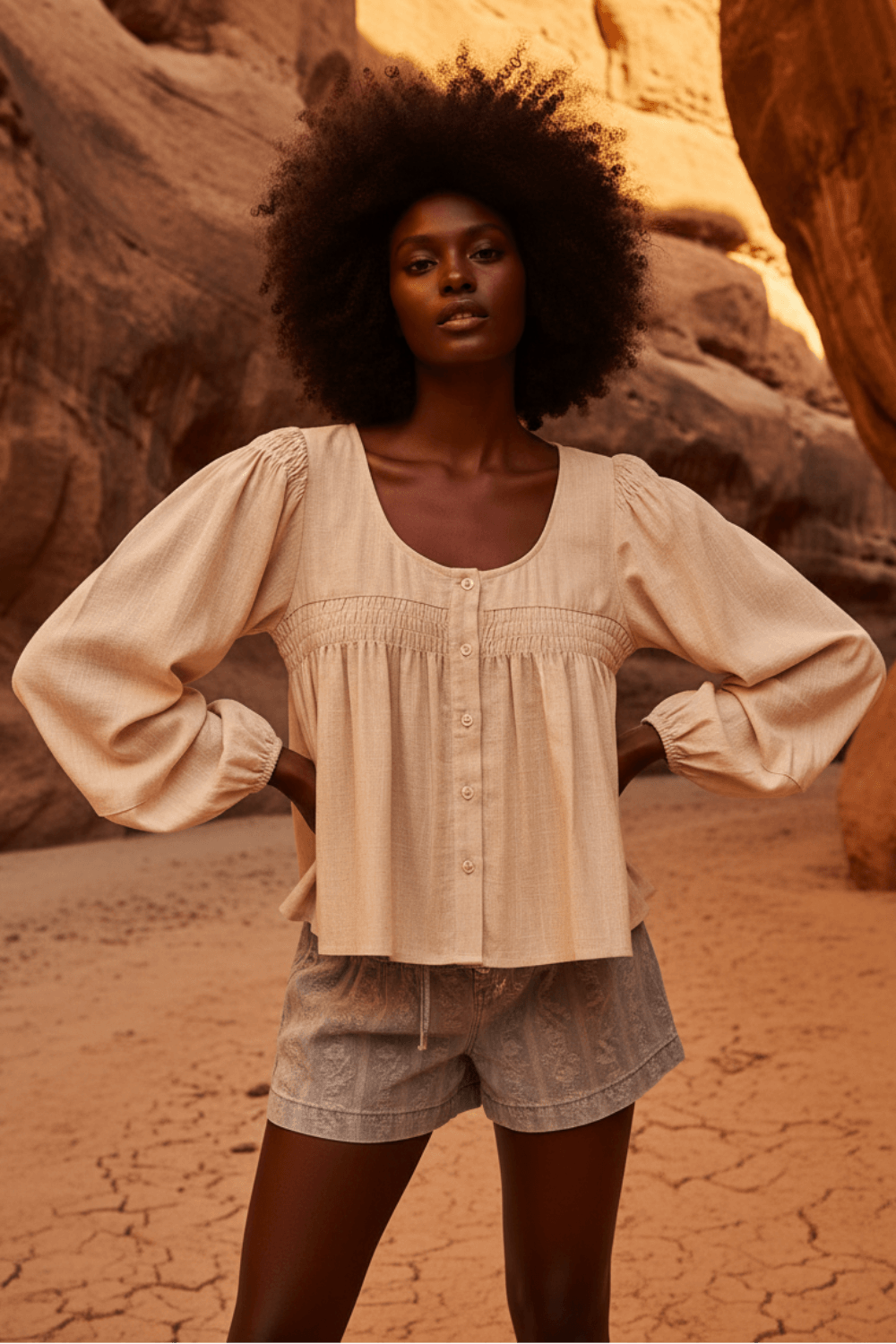 Cream Linen Blend Woven Long Sleeve With Smocking Top | Boutique In USA, Tops, $ 50.00, A Moment Of Now™