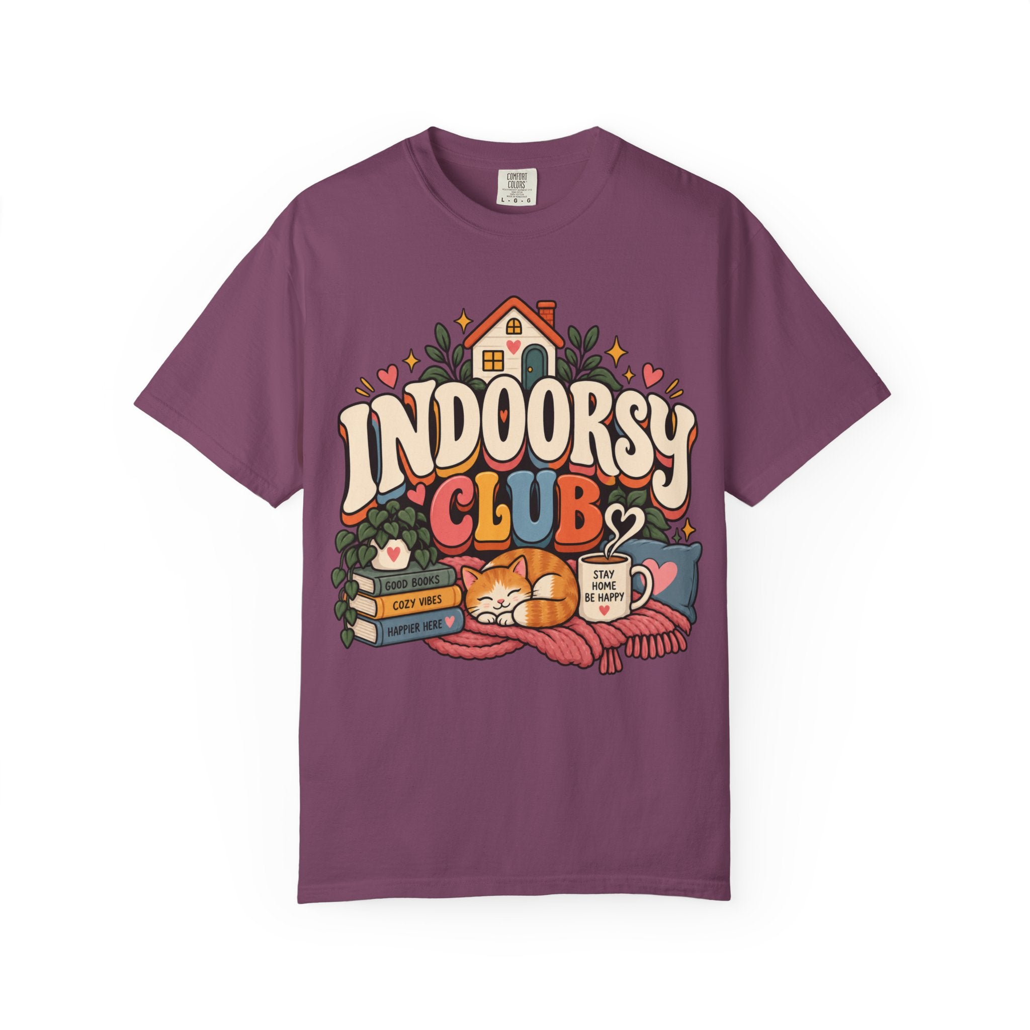 Indoorsy Club T-Shirt — Cozy Homebody Graphic Tee (Cat, Books, Tea) - t-shirt product image 15