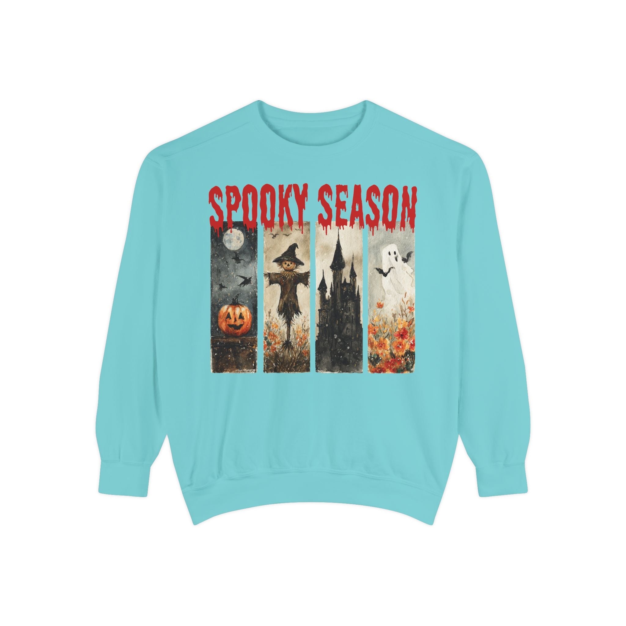 Spooky Season Halloween sweatshirt with vintage pumpkin, witch and ghost graphic — product mockup