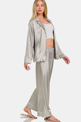 Silver Satin Long Sleeve Shirt and Pants Pajama Set