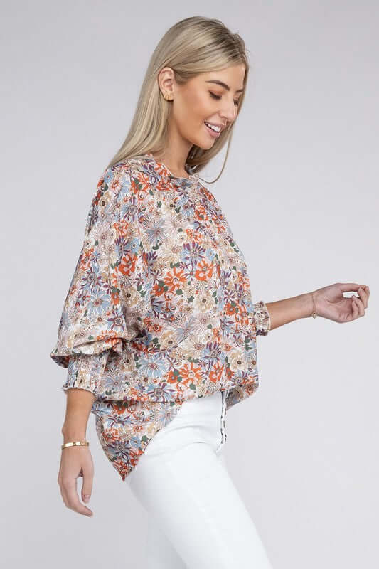 Floral Print Mock Neck Raglan Sleeve Blouse, Nuvi Apparel, $ 41.95