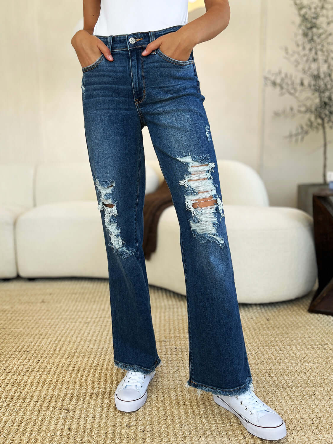 Judy Blue Dark Blue Mid Rise Distressed Raw Hem Jeans, Judy Blue, $ 69.00