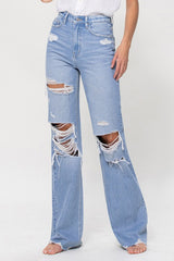 90s Vintage Light Denim Distressed Flare Jeans