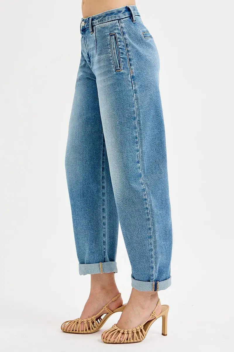 Medium Blue Mid Rise Fit Barrel Roll Up Jeans Plus Size - RISEN, Jeans, $ 75.00, A Moment Of Now™