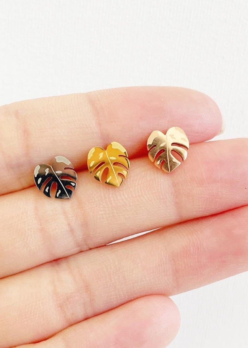 Monstera Albo/Thai Metal Stud Earrings - Hypoallergenic Plant Studs