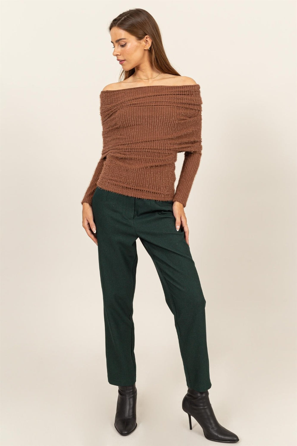 Mocha Brown Luxe Off-Shoulder Knit Top