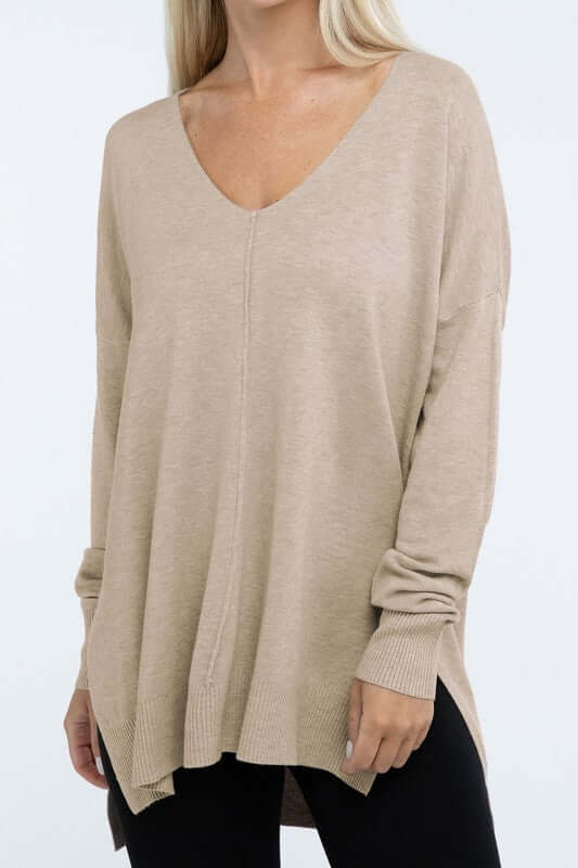 Women's Hi-Low Hem V Neck Front Seam Sweater | USA Boutique, ZENANA, $ 55.00