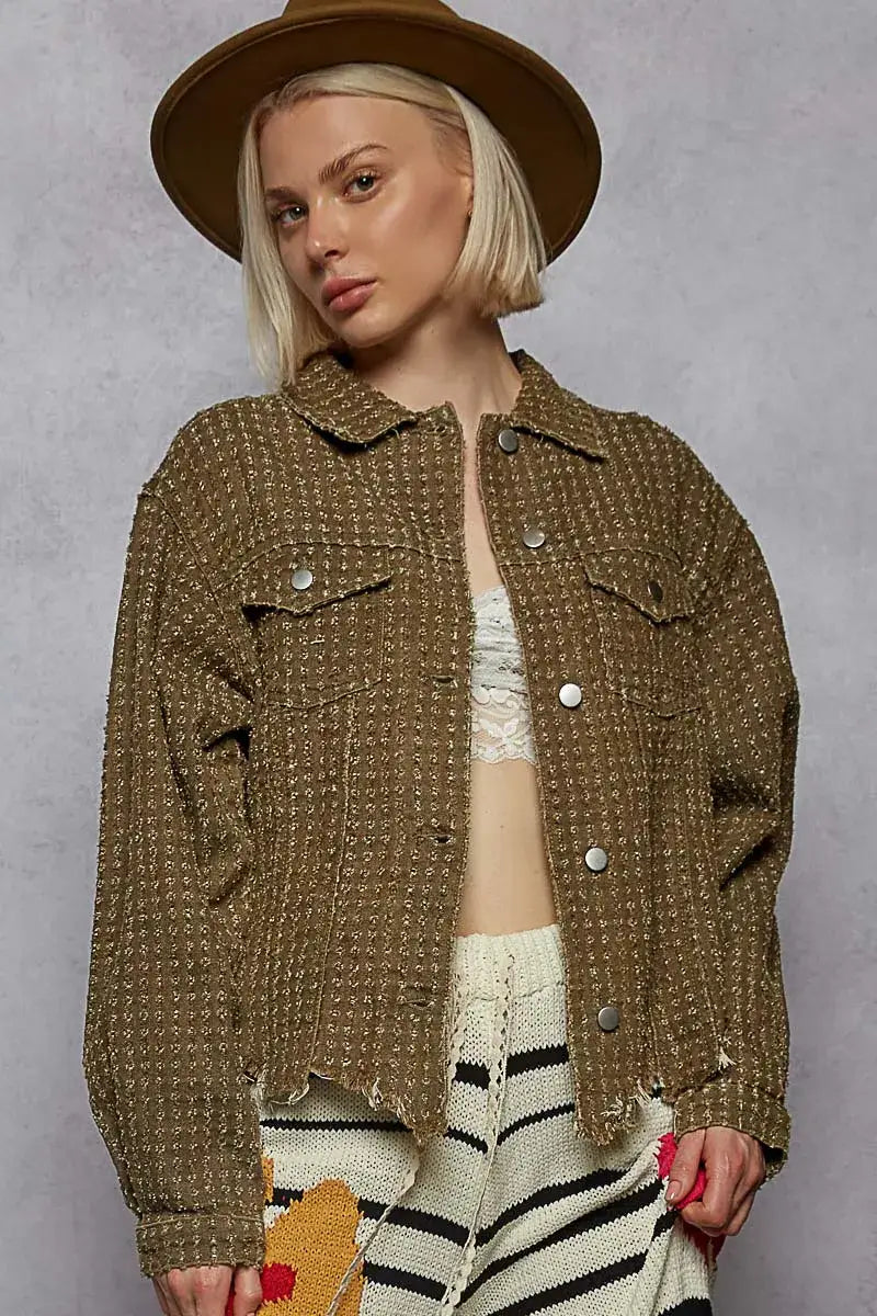 Olive Green Raw Hem Button Up Jacket with Pockets, Jackets, $ 85.00, A Moment Of Now™