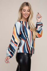 Color Block Boat Neck Bishop Sleeve Blouse