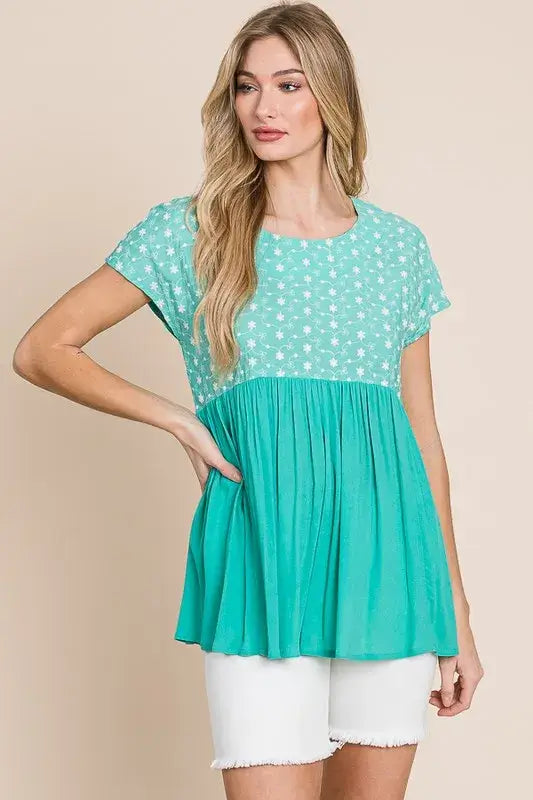 Mint Embroidered Short Sleeve Pleated Babydoll Top Plus Size, Tops, $ 25.00, A Moment Of Now™