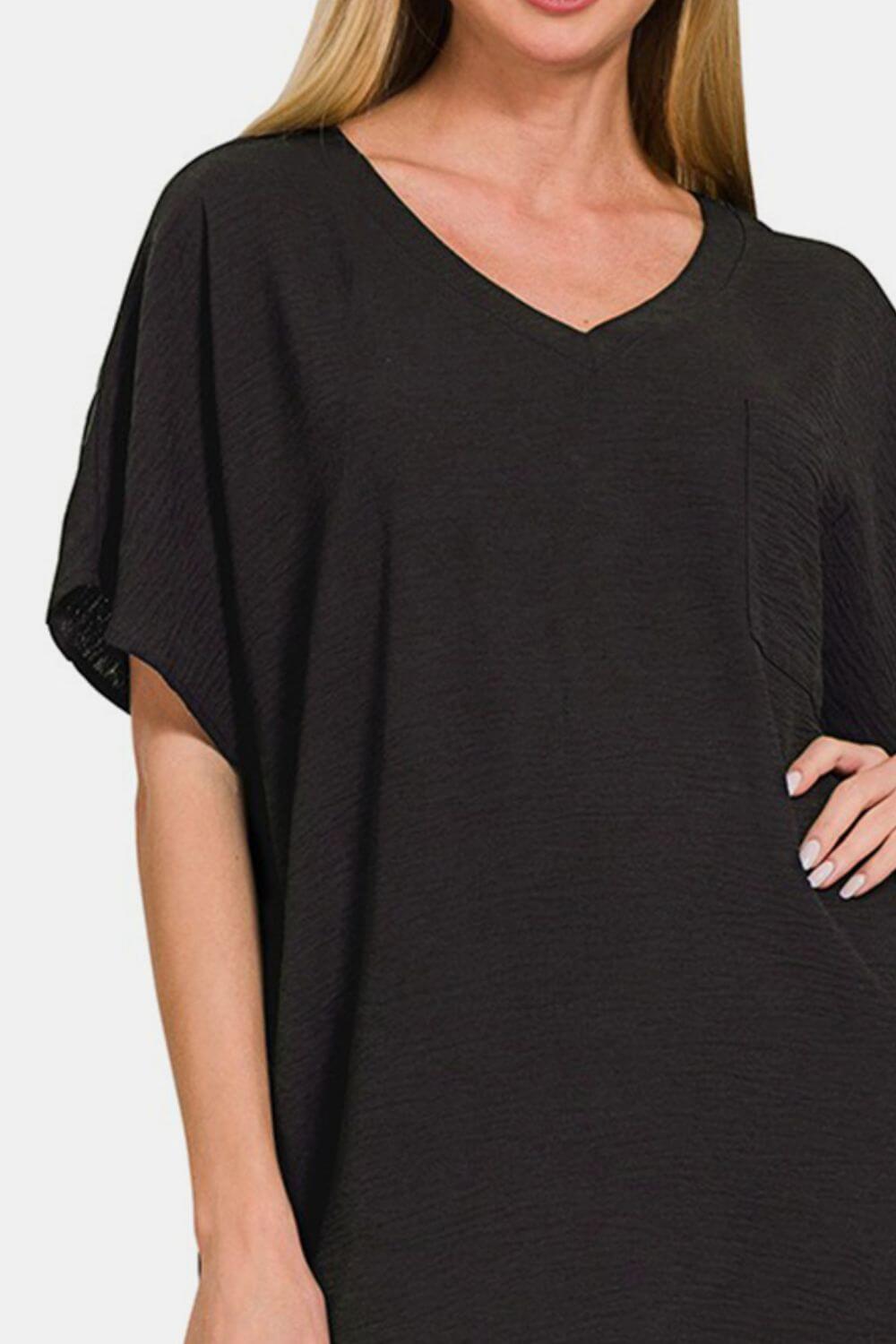 Black V-Neck Tee Mini Dress with Pockets, Zenana, $ 25.00