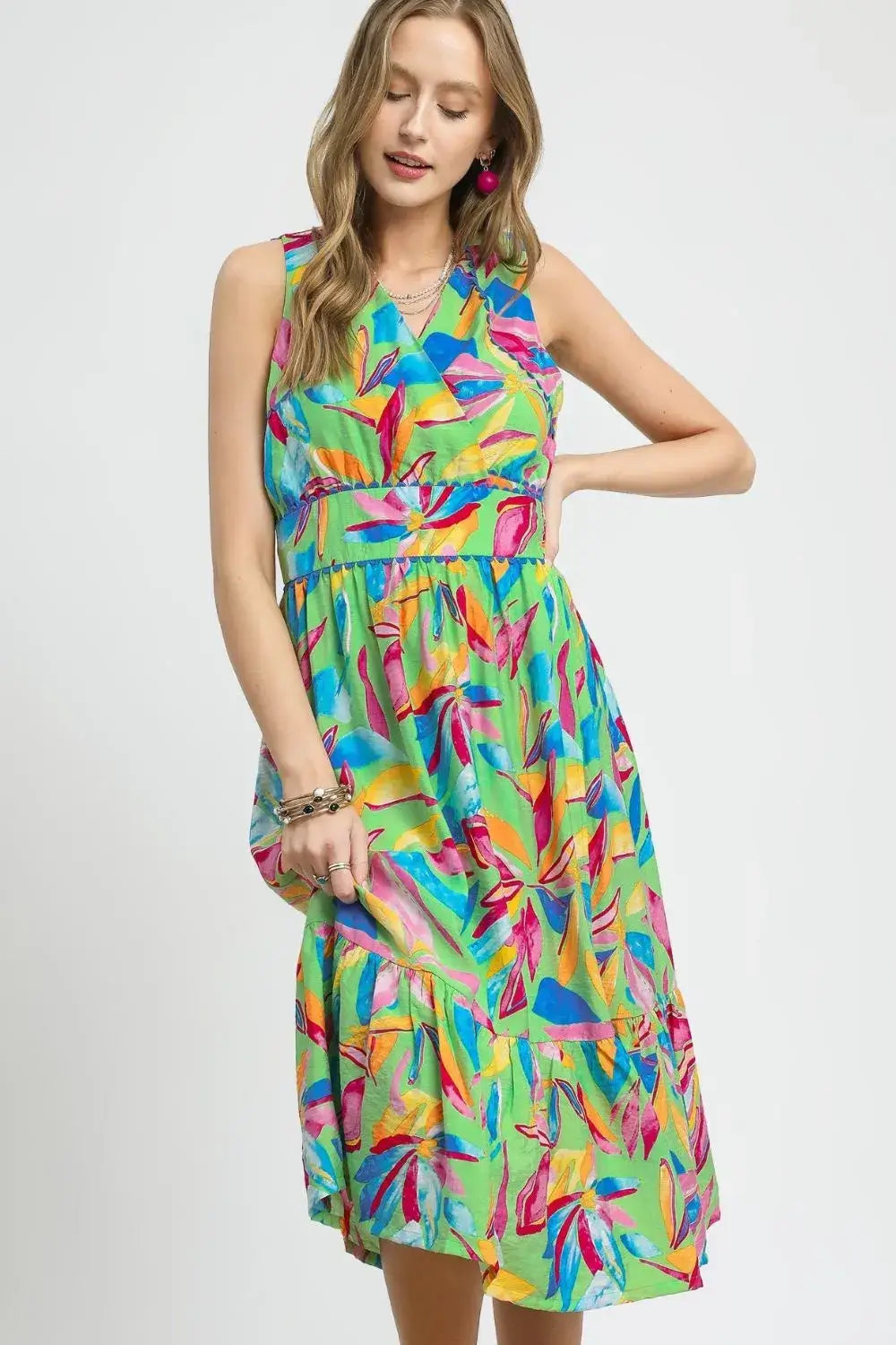 Green Ruffled Hem Printed Sleeveless Midi Dress, Dresses, $ 75.00, A Moment Of Now™