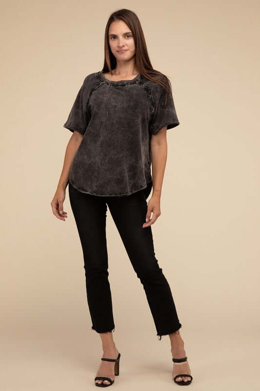 Back Patch Crinkle Washed Raglan Sleeve T-Shirt, ZENANA, $ 27.95