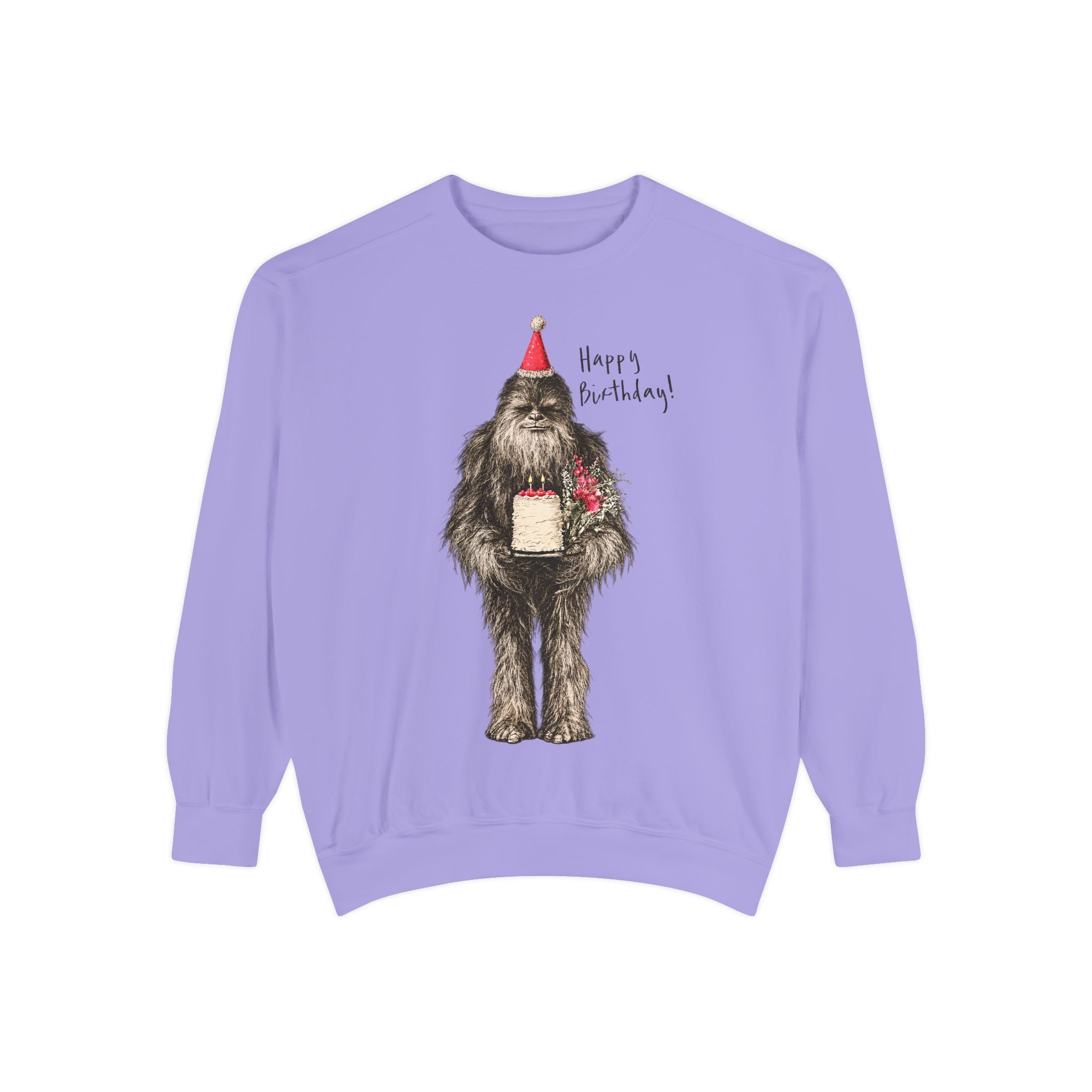 Birthday Bigfoot Sweatshirt — Funny Sasquatch with Cake