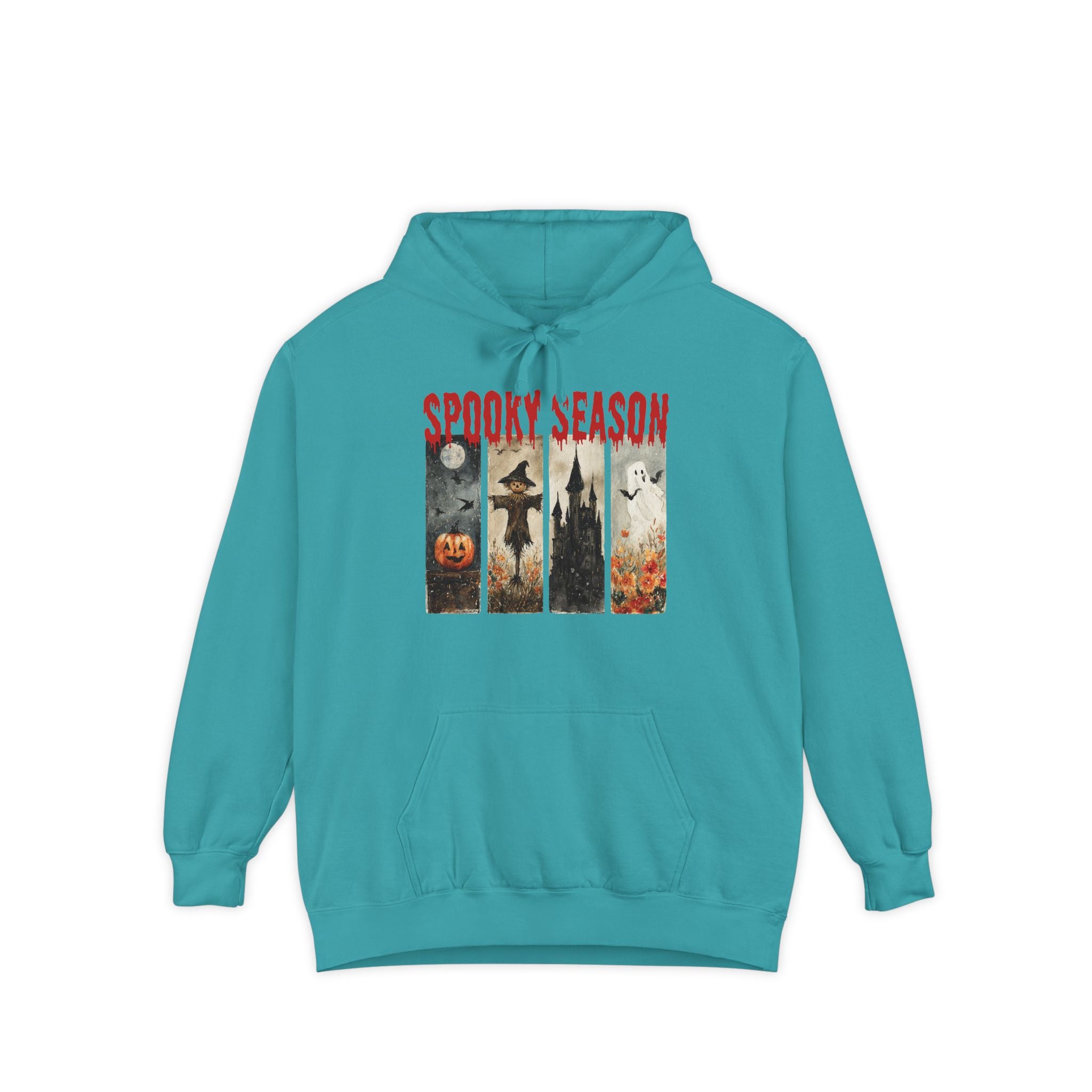 Spooky Season Halloween hoodie with vintage pumpkin, witch and ghost graphic — product mockup