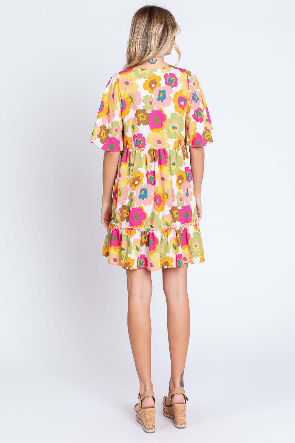 Boho Floral Print V-Neck Ruffle Hem Mini Dress