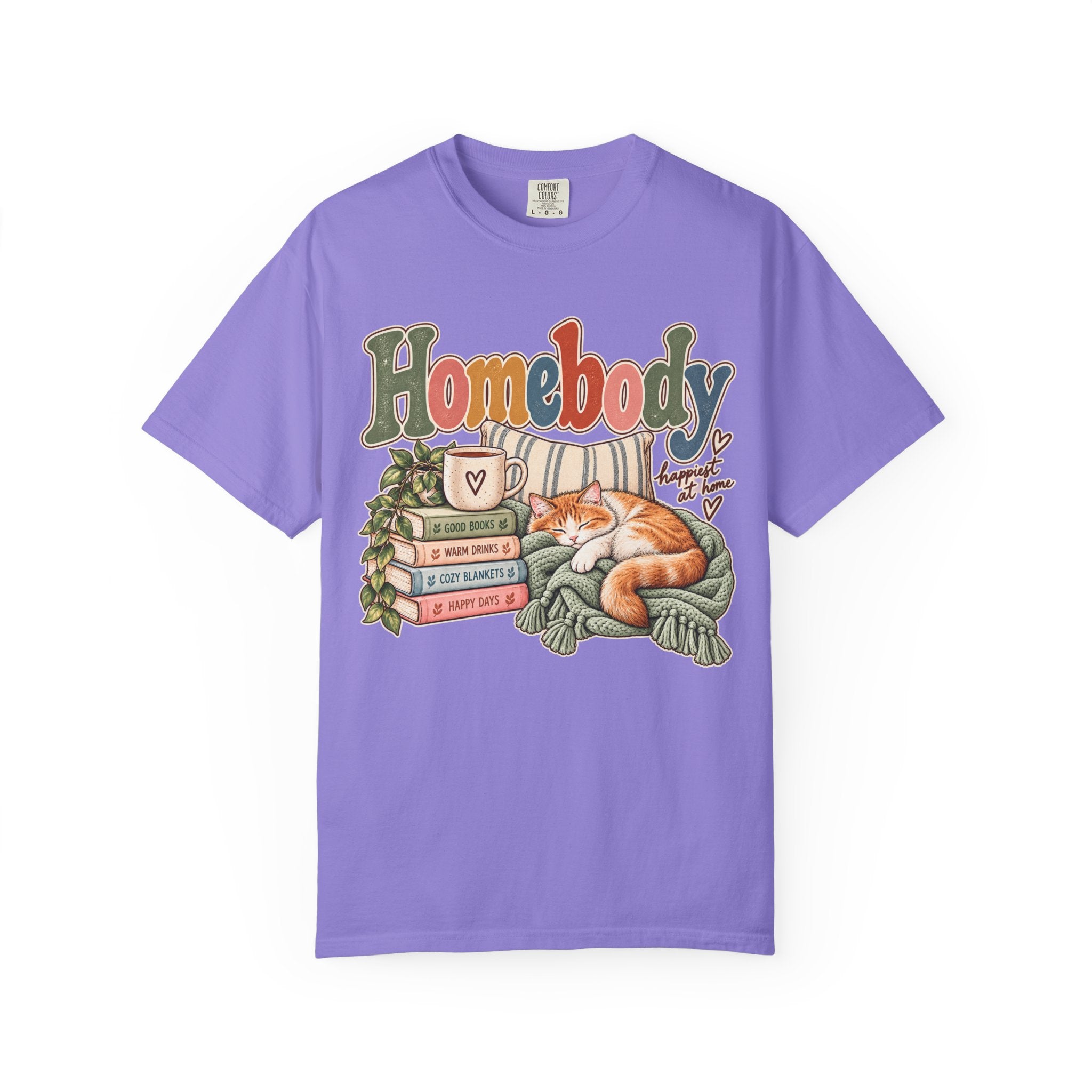 Homebody T-Shirt — Cozy Cat, Books & Coffee Comfort Colors® Tee
