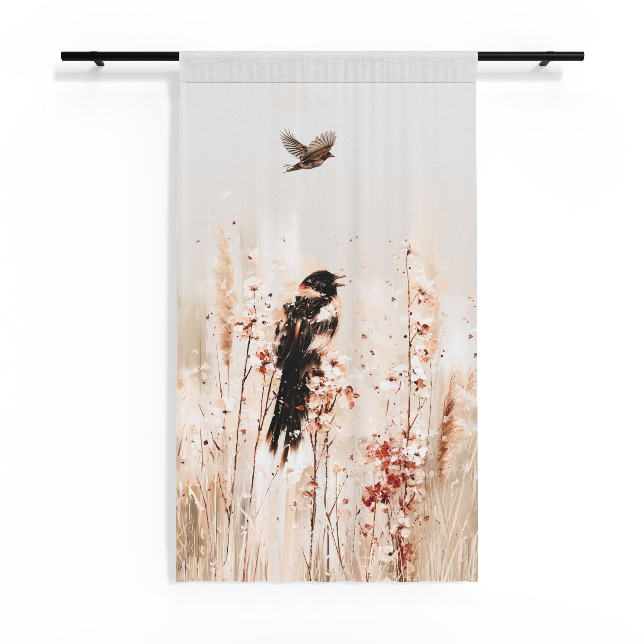 Birds in Wildflowers sheer window curtain — Left Panel printed design