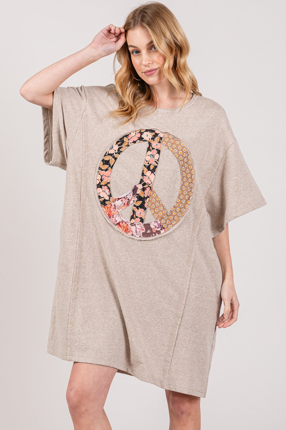 Oatmeal Peace Sign Applique Short Sleeve Tee Dress