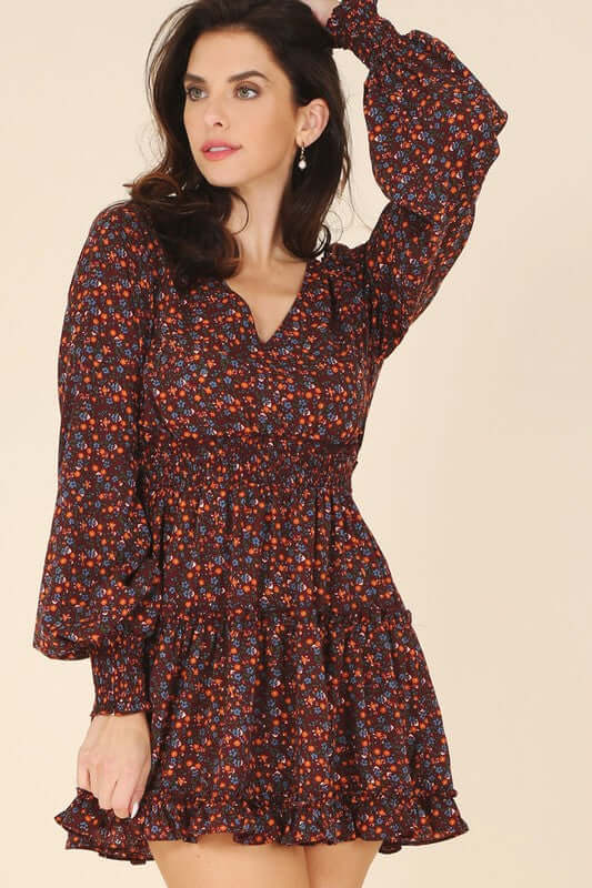 Burgundy Ditsy Floral Long Sleeve Ruffle Tired Mini Dress, Lilou, $ 38.95