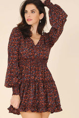 Burgundy Ditsy Floral Long Sleeve Ruffle Tired Mini Dress, Lilou, A Moment Of Now