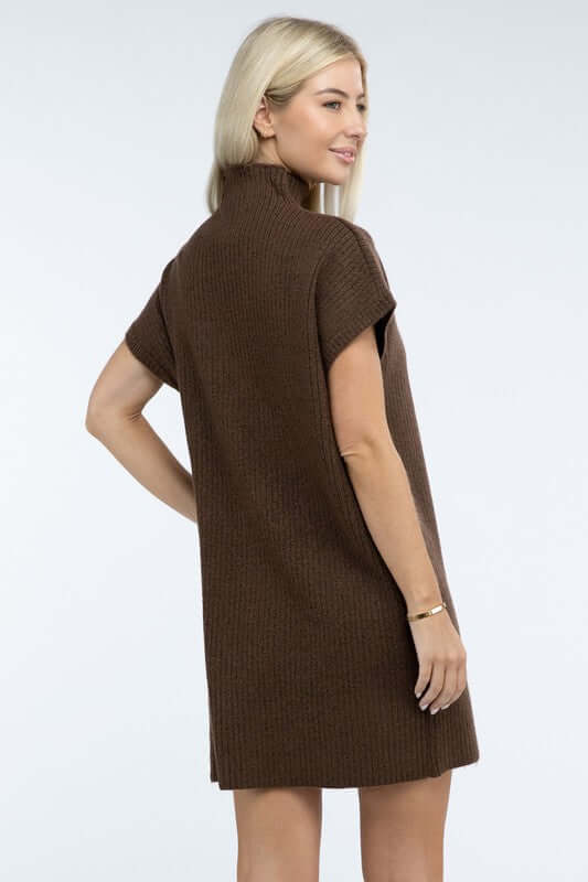 Women's Mock Neck Short Sleeve Mini Sweater Dress with Pocket, ZENANA, $ 55.00