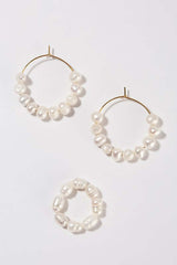Natural Pearl Hoop Ring and Earring Jewelry Set