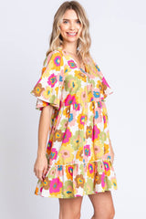 Boho Floral Print V-Neck Ruffle Hem Mini Dress