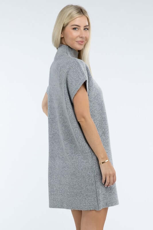 Women's Mock Neck Short Sleeve Mini Sweater Dress with Pocket, ZENANA, $ 55.00