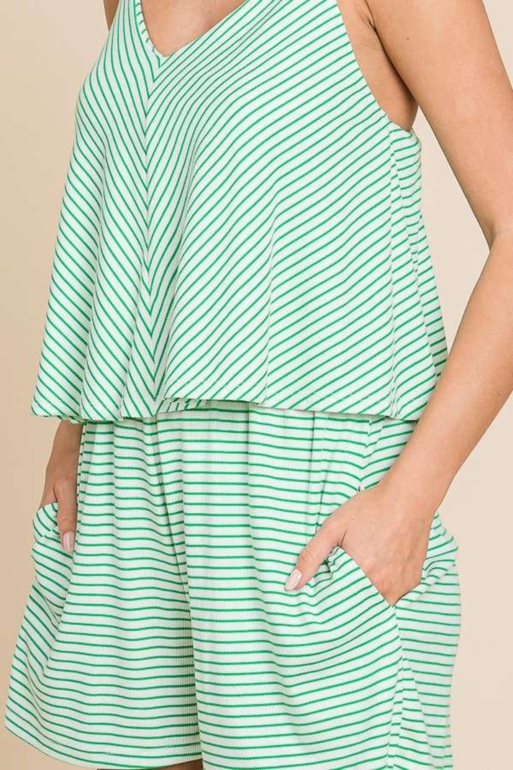 Candy Green Double Flare Striped Romper