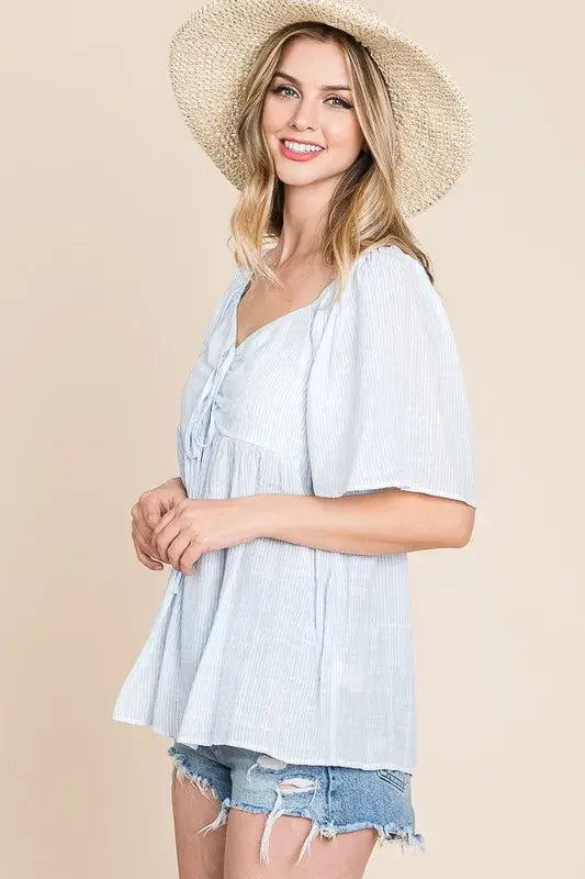 Sky Blue Thin Striped with Tie Front Babydoll Top: Chic Style, Tops, $ 27.00, A Moment Of Now™