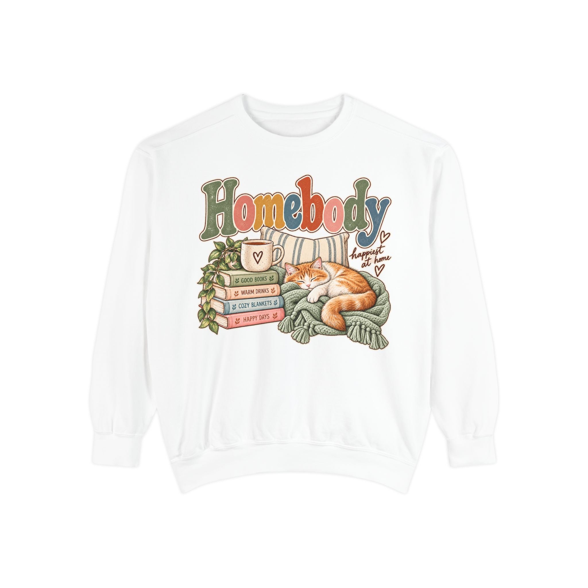 Homebody Sweatshirt — Cozy Cat & Bookstack Crewneck - sweatshirt product image 1