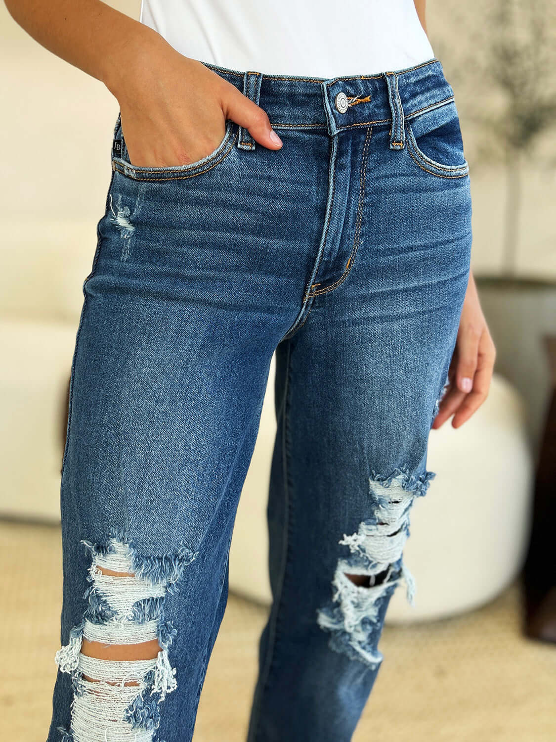 Judy Blue Dark Blue Mid Rise Distressed Raw Hem Jeans, Judy Blue, $ 69.00