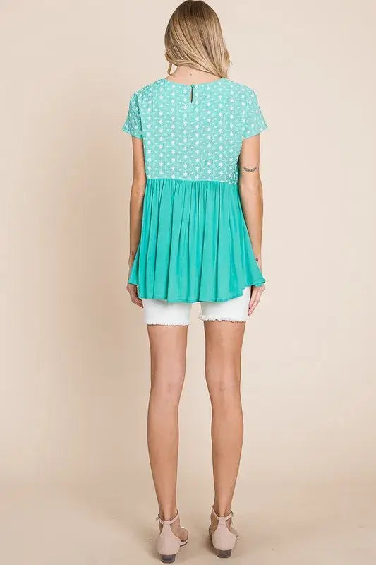 Mint Embroidered Short Sleeve Pleated Babydoll Top Plus Size, Tops, $ 25.00, A Moment Of Now™