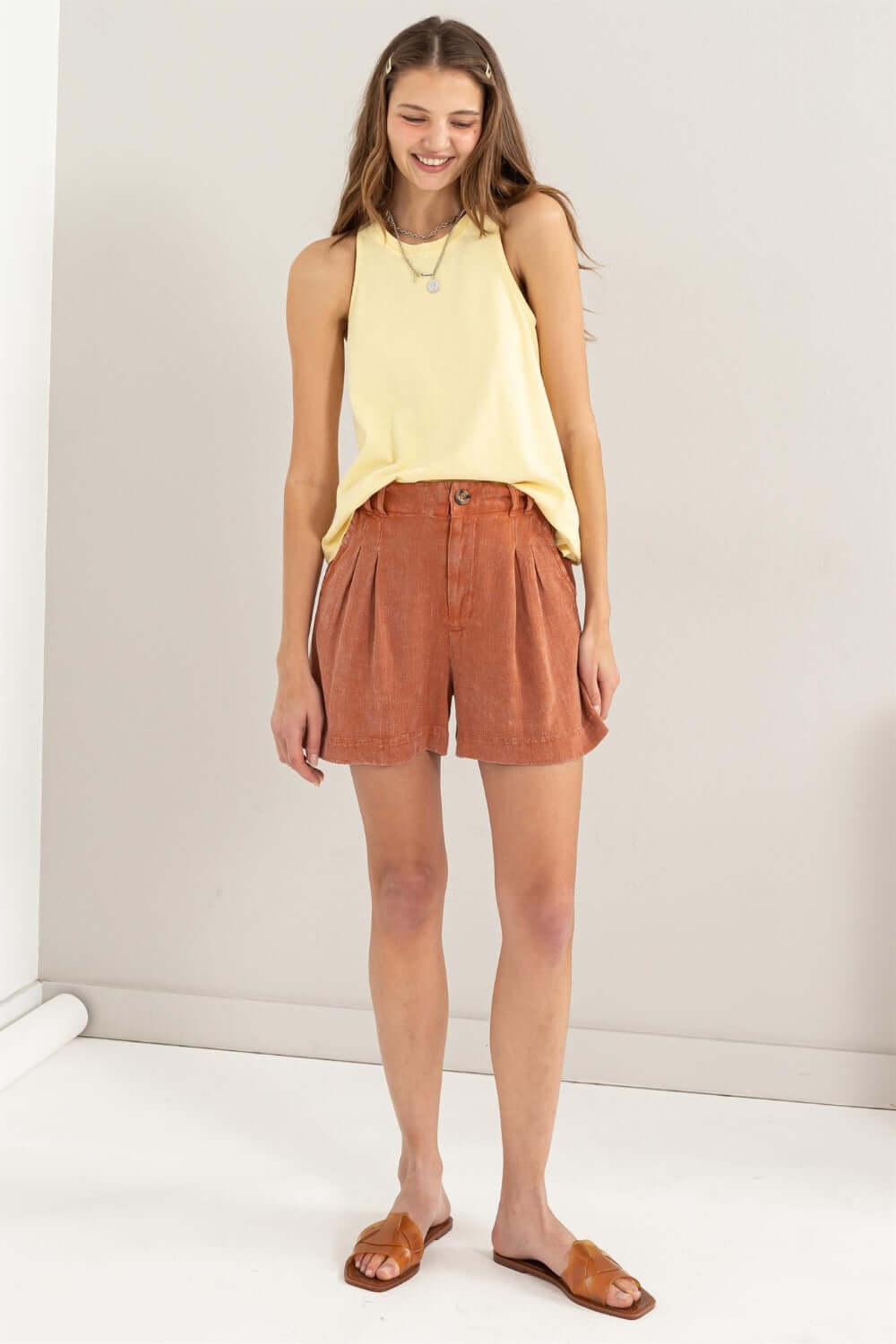 Clay Brown High Waist Pleated Linen Shorts - Stylish Comfort, Shorts, $ 25.00, A Moment Of Now™