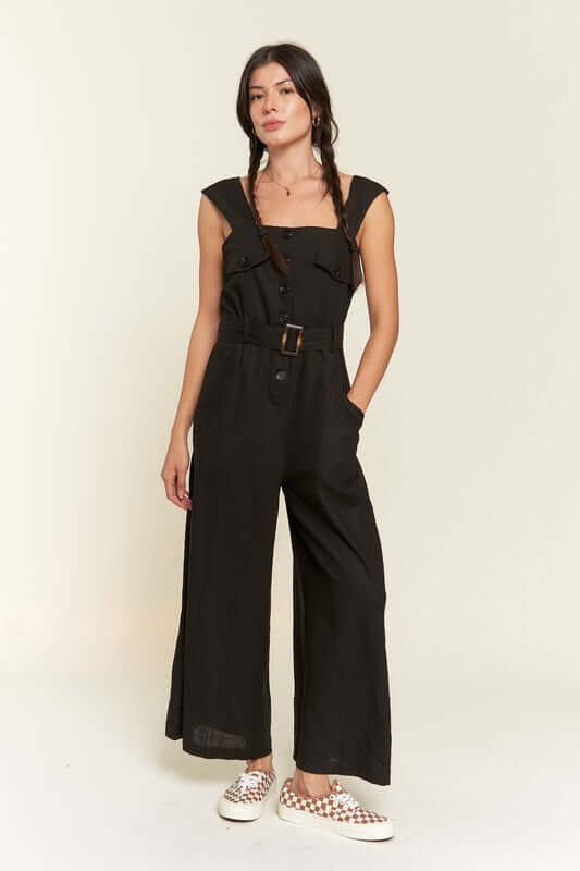 SLEEVELESS SQUARE NECK BUTTON DOWN ANKLE JUMPSUIT, Jade By Jane, $ 86.95