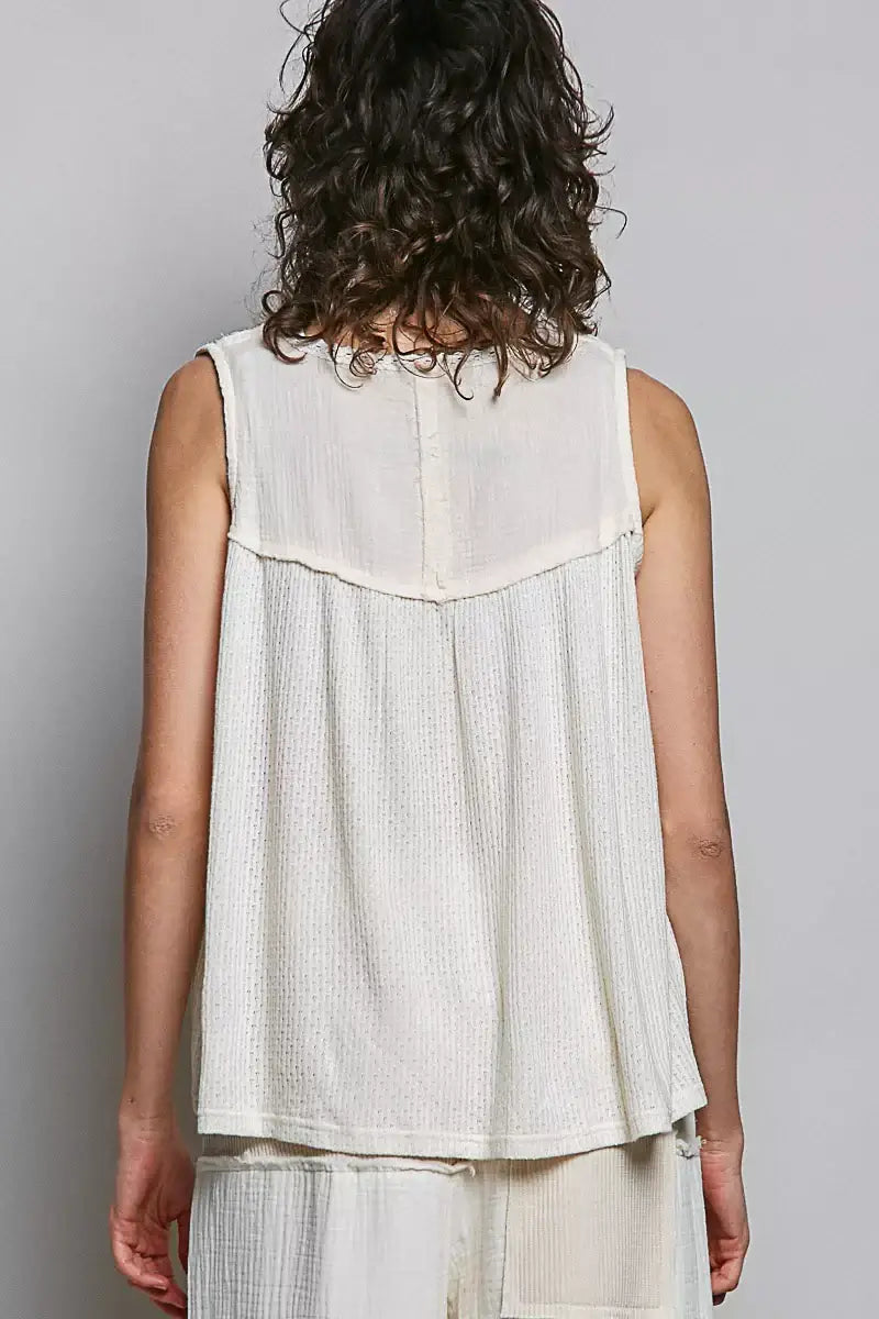 Off White Lace Detail Double Gauze Patch Sleeveless Top Boho Fashion, Tank Tops, $ 59.00, A Moment Of Now™
