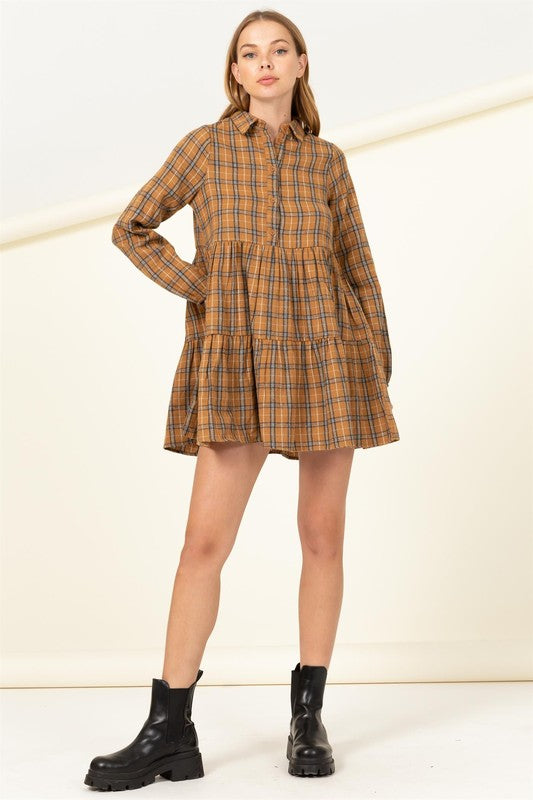 Camel Effortless Love Plaid Print Babydoll Dress