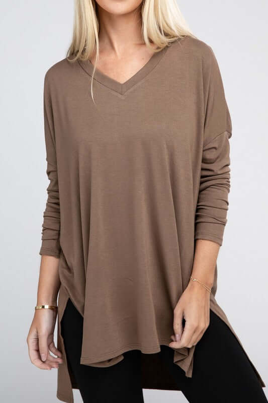 Dolman Long Sleeve V-Neck Side Slit Hi-Low Hem Top, ZENANA, $ 19.00