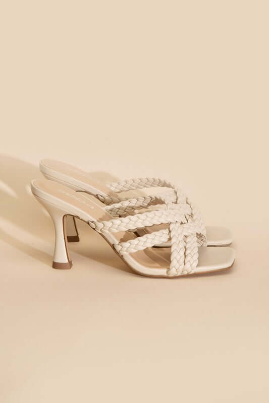 KELLAN-S Double Cross Braided Heels Sandals in Black White, Fortune Dynamic, $ 35.00