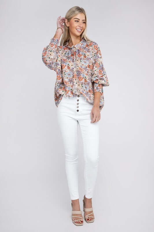 Floral Print Mock Neck Raglan Sleeve Blouse, Nuvi Apparel, $ 41.95