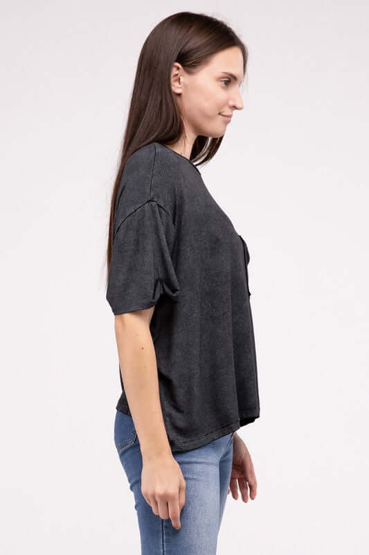 Washed Ribbed Cuffed Short Sleeve Round Neck Top, ZENANA, $ 32.95