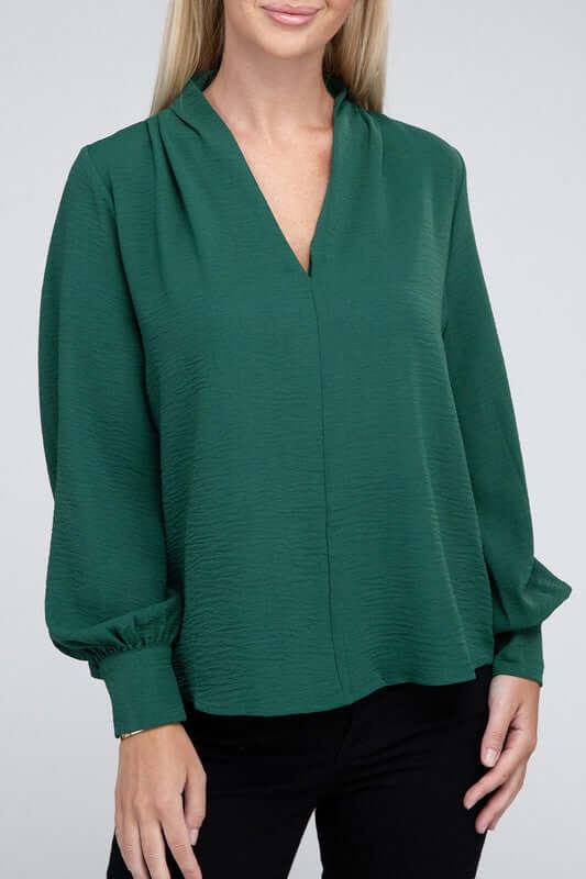 Woven Airflow V-Neck Long Sleeve Top, ZENANA, $ 26.95