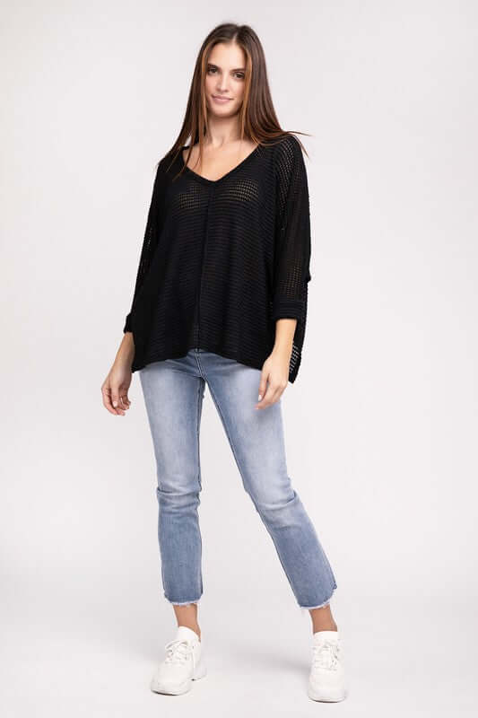 3/4 Sleeve V-Neck Hi-Low Hem Jacquard Sweater, ZENANA, $ 24.95