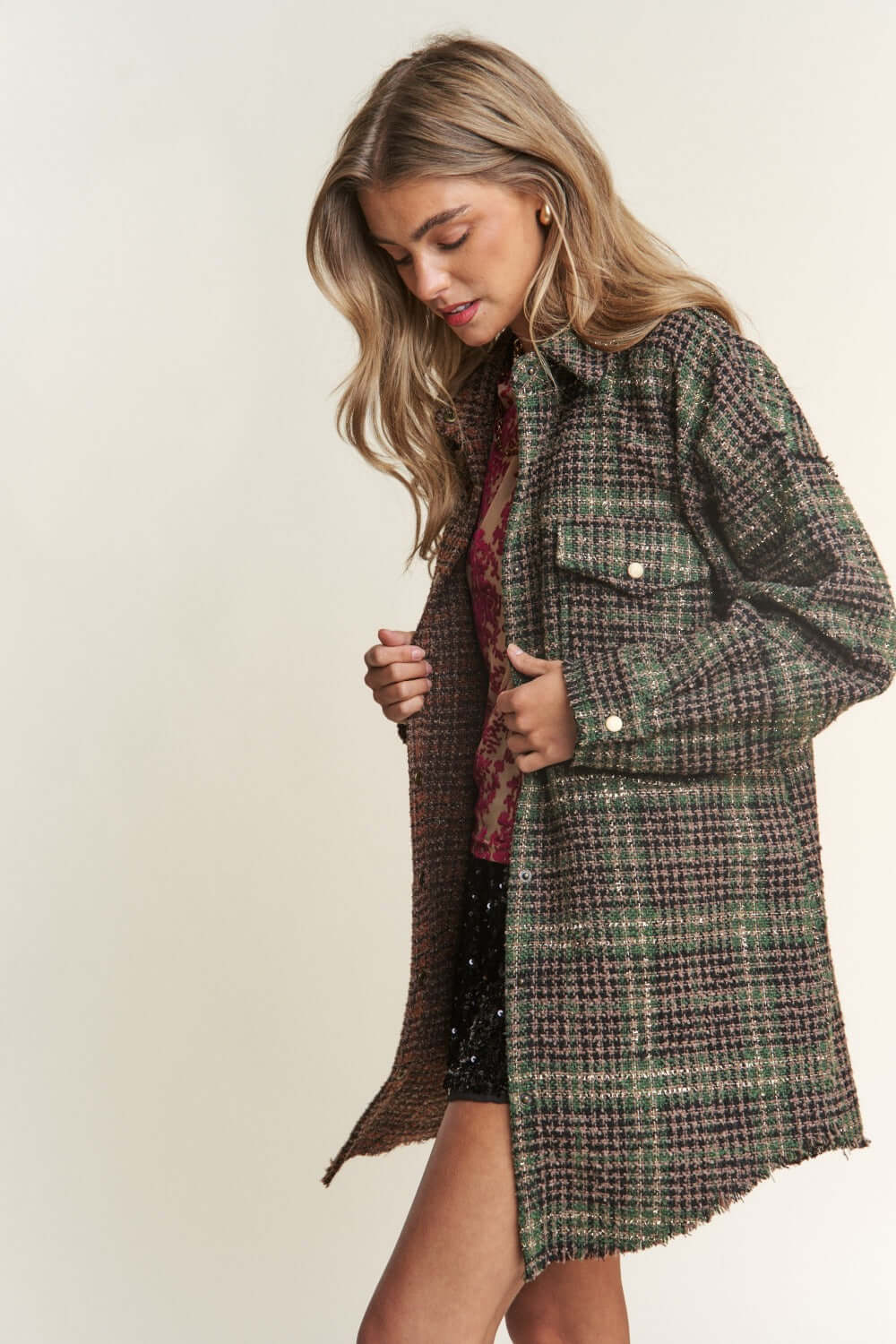 Misty Forest Green Snap Down Tweed Plaid Contrast Longline Shacket, Shackets, $ 72.00, A Moment Of Now™